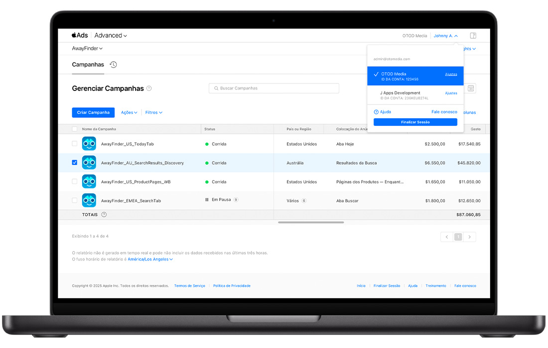 O painel Campanhas no Apple Ads, com um menu aberto no canto superior direito do nome do usuário. Aparecem links para acessar a página Ajustes da Conta.