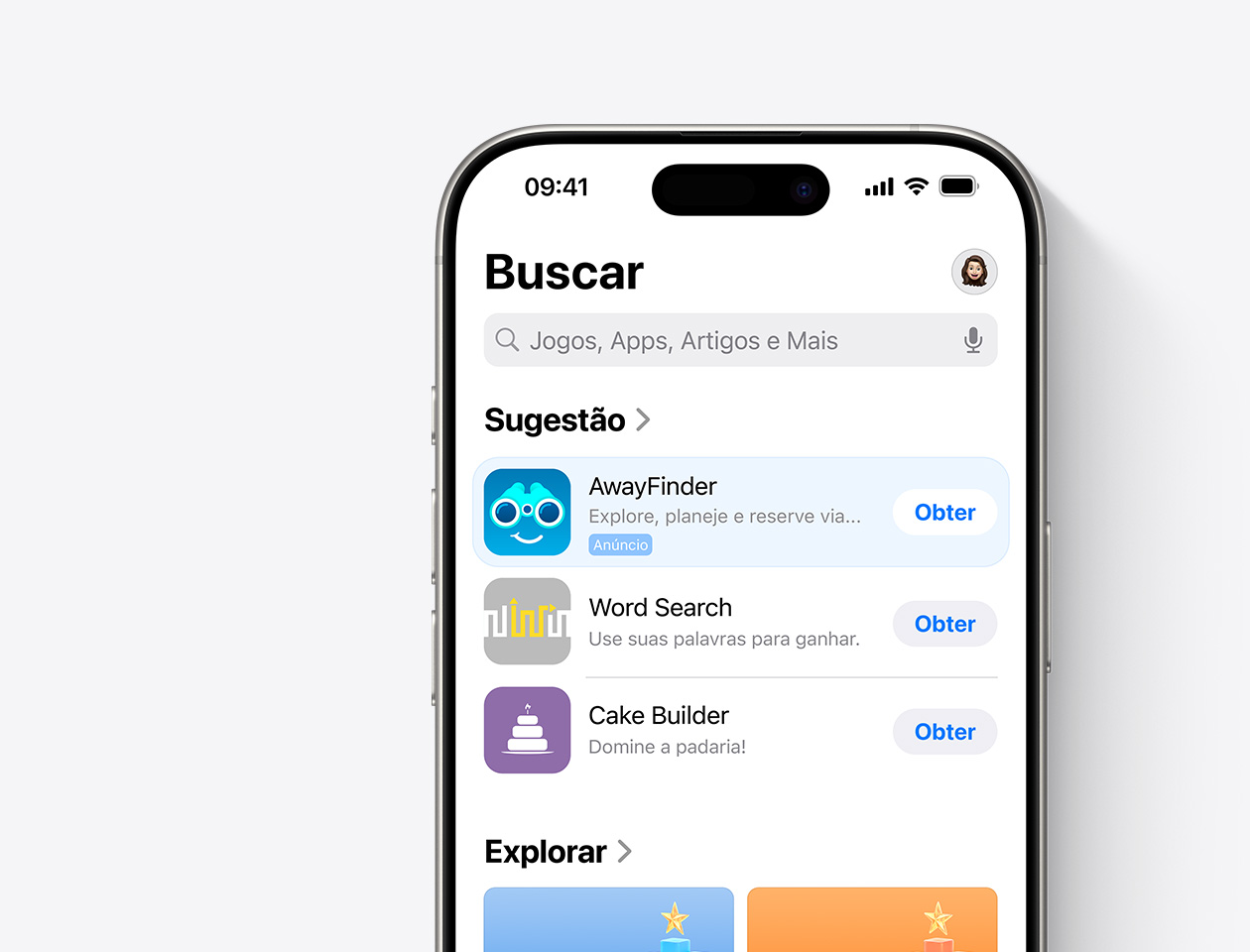 Um iPhone com a App Store aberta e um anúncio na aba Buscar do app de exemplo patrocinado, AwayFinder.
