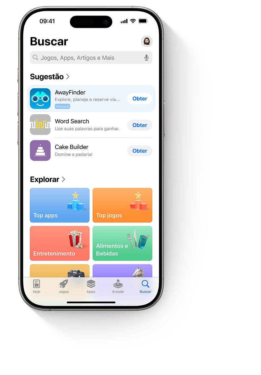 Quatro aparelhos iPhone, cada um exibindo um anúncio diferente do app de exemplo, AwayFinder. O primeiro iPhone mostra o anúncio na aba Hoje; o segundo, na aba Buscar; o terceiro, na parte superior dos resultados de busca; o quarto, na parte inferior de uma página do produto.