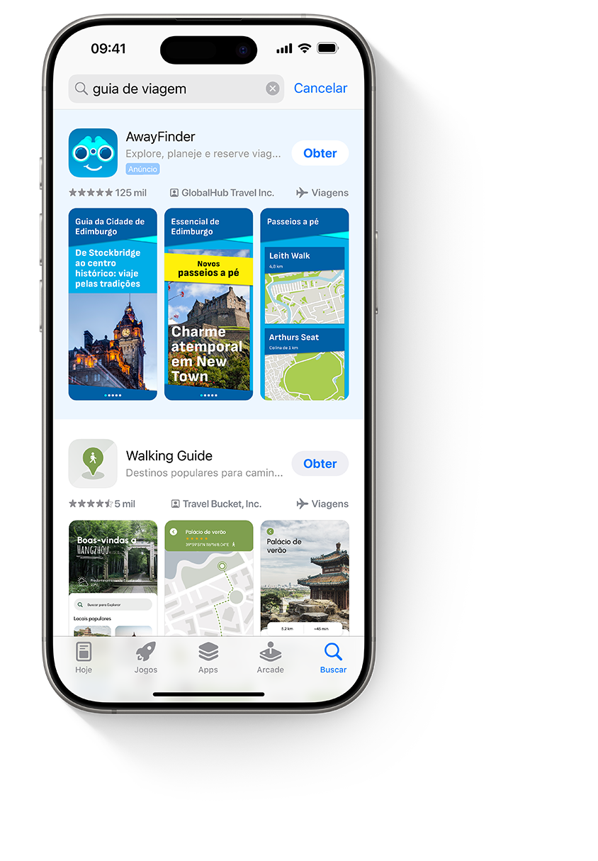 Quatro aparelhos iPhone, cada um exibindo um anúncio diferente do app de exemplo, AwayFinder. O primeiro iPhone mostra o anúncio na aba Hoje; o segundo, na aba Buscar; o terceiro, na parte superior dos resultados de busca; o quarto, na parte inferior de uma página do produto.
