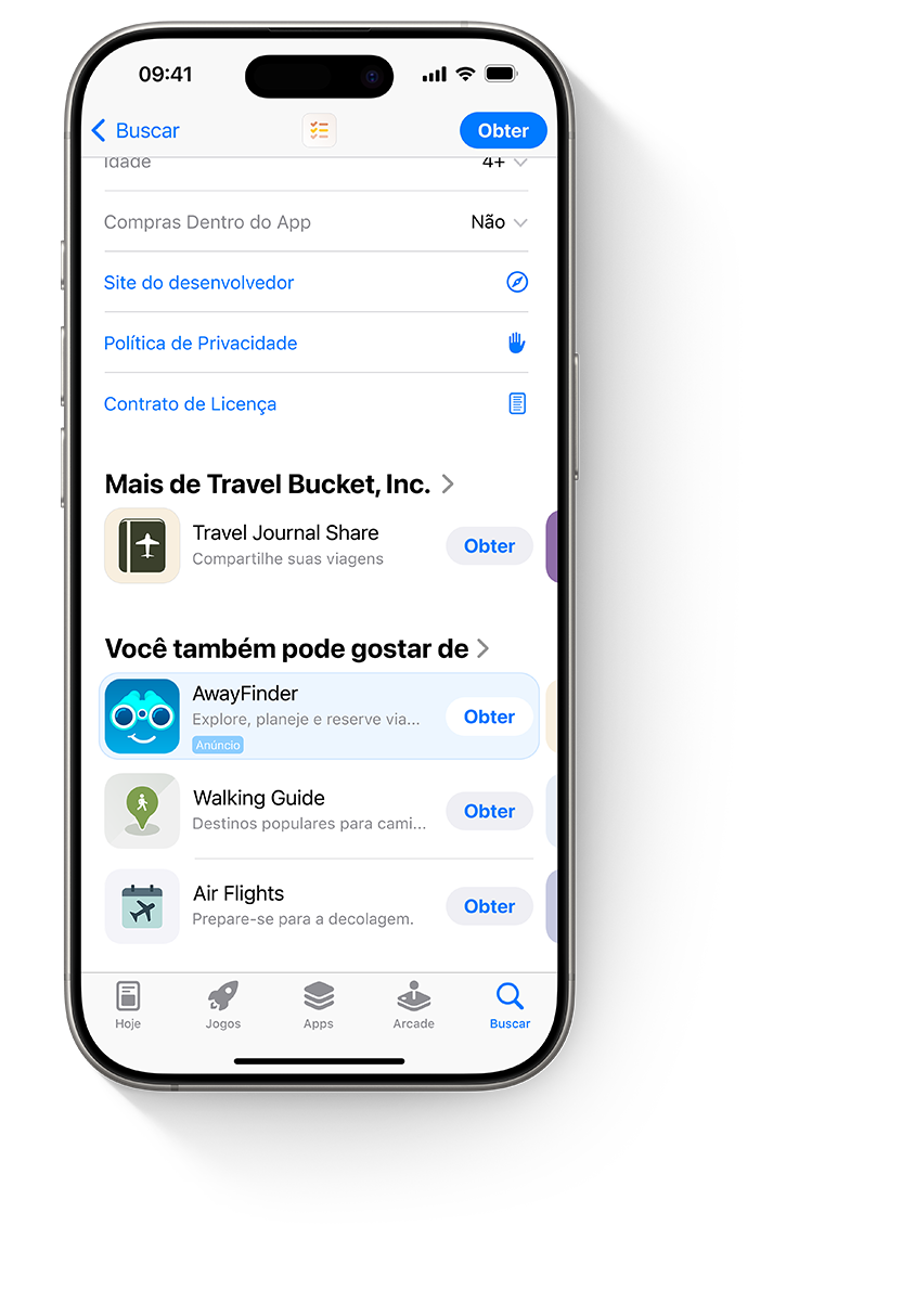Quatro aparelhos iPhone, cada um exibindo um anúncio diferente do app de exemplo, AwayFinder. O primeiro iPhone mostra o anúncio na aba Hoje; o segundo, na aba Buscar; o terceiro, na parte superior dos resultados de busca; o quarto, na parte inferior de uma página do produto.