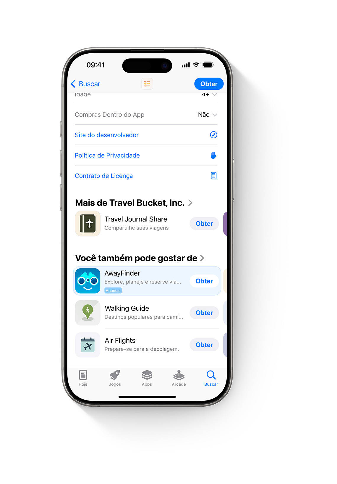 Um iPhone com a App Store aberta. Um anúncio do app de exemplo, AwayFinder, é exibido na parte inferior de uma página do produto da App Store. Ele aparecerá ao rolar a página até o final.