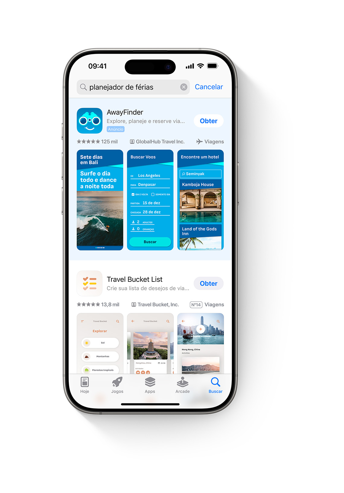 Um iPhone com a App Store aberta. O termo “planejador de férias” está inserido na caixa de busca, e um anúncio do app de exemplo AwayFinder aparece no topo dos resultados de busca.