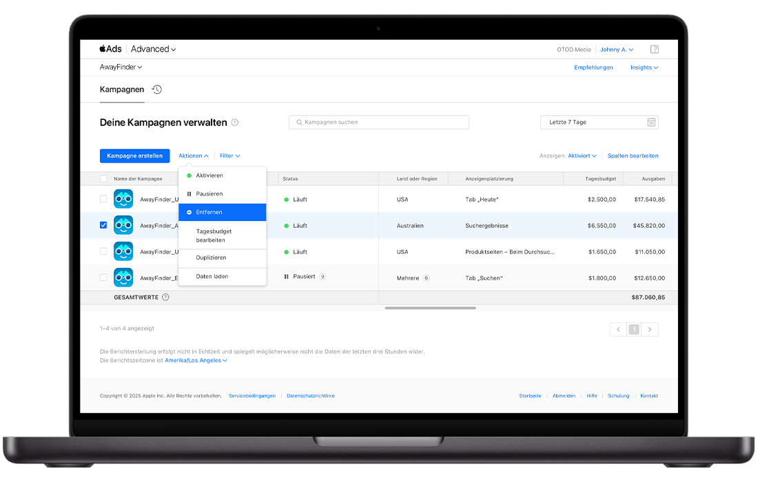 Das Kampagnen-Dashboard in Apple Ads mit einer Liste von vier Kampagnen für die Beispiel-App „TripTrek“. Das Markierungsfeld neben einer Kampagne ist ausgewählt und das Menü „Aktionen“ ist geöffnet. „Entfernen“ ist im Menü „Aktionen“ hervorgehoben.