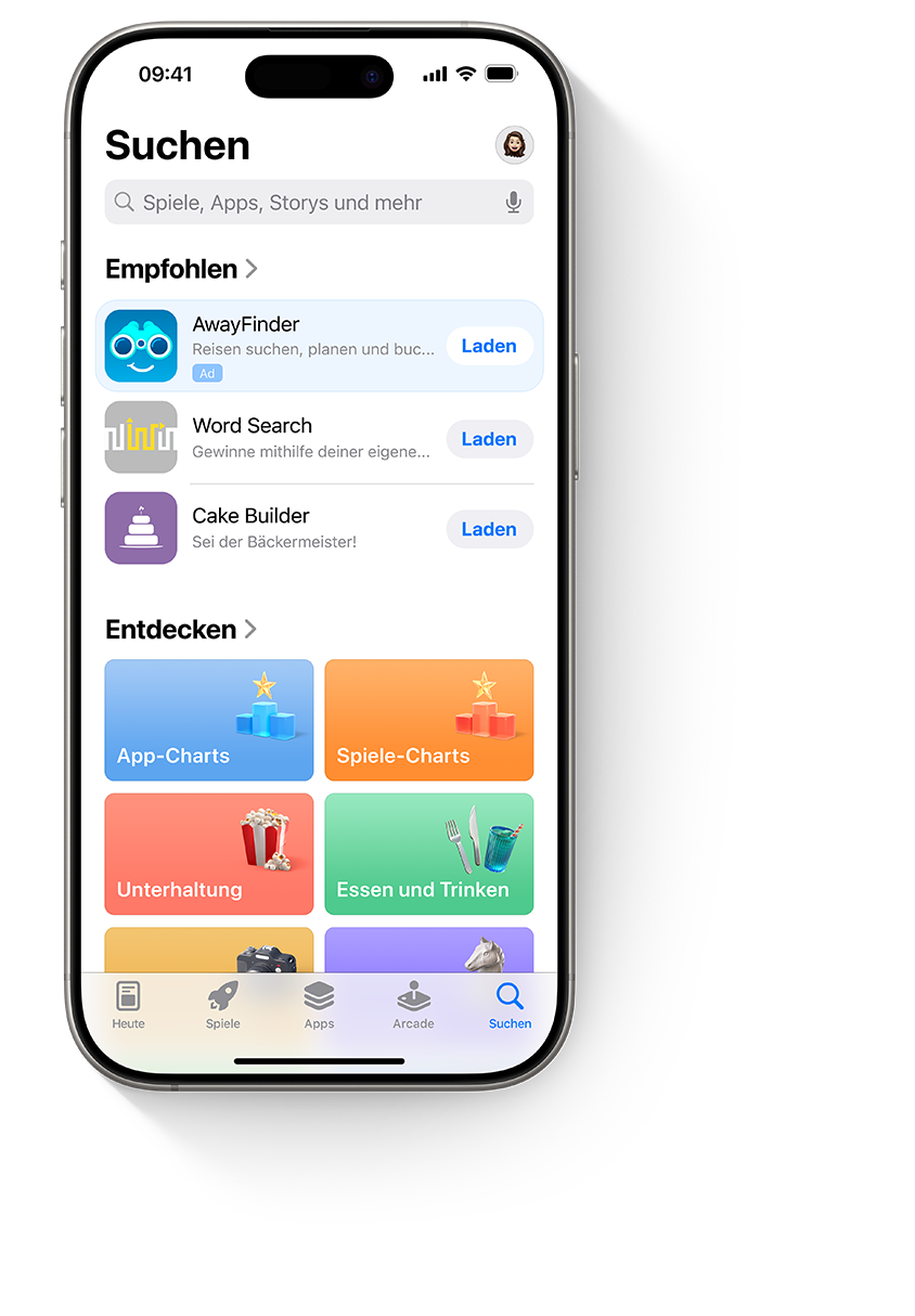 Vier iPhone Geräte mit jeweils einer anderen Anzeige für die Beispiel-App „AwayFinder“. Das erste iPhone zeigt eine Anzeige auf dem Tab „Heute“, das zweite zeigt eine Anzeige auf dem Tab „Suche“, das dritte zeigt eine Anzeige oben in den Suchergebnissen und das vierte zeigt eine Anzeige am unteren Rand einer Produktseite.