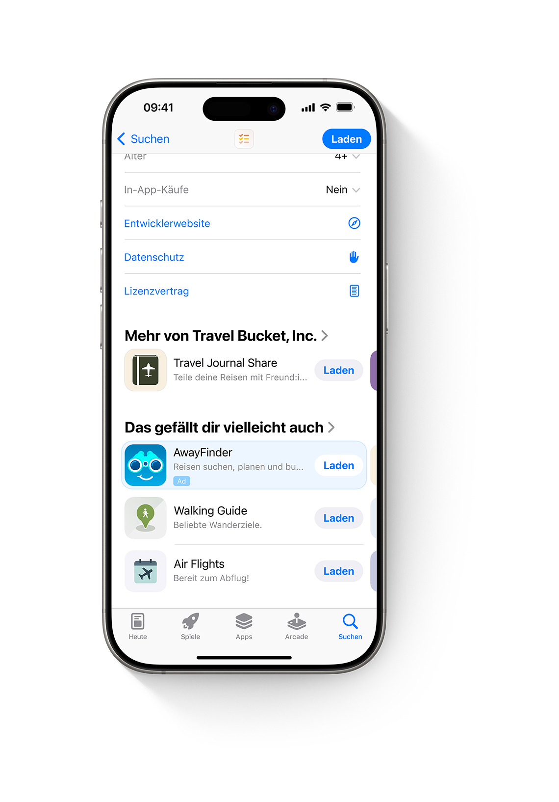 Ein iPhone mit geöffnetem App Store. Eine Anzeige für die Beispiel-App „AwayFinder“ wird unten auf einer Produktseite im App Store angezeigt, wo Nutzer:innen sie sehen können, wenn sie auf der Seite nach unten scrollen.
