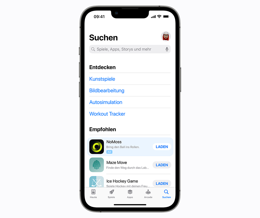 Ein iPhone, das eine Anzeige auf dem Tab „Suchen“ im App Store zeigt.