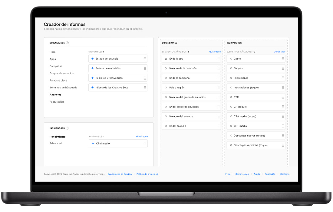 La página Creador de informes de Apple Ads Advanced, con las dimensiones y los indicadores disponibles a la izquierda, y las dimensiones y los indicadores elegidos para el informe personalizado a la derecha.