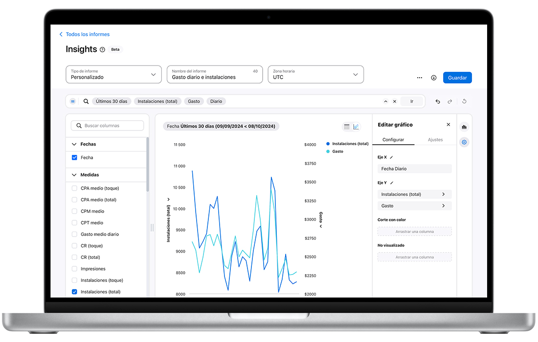 Un informe de gráfico de líneas en Insights que muestra las instalaciones y el gasto. A la derecha del informe, el panel Editar gráfico está abierto y la pestaña Configurar está seleccionada. Debajo del ajuste del eje X, aparece Fecha. En el ajuste del eje Y, aparecen Instalaciones y Gasto.