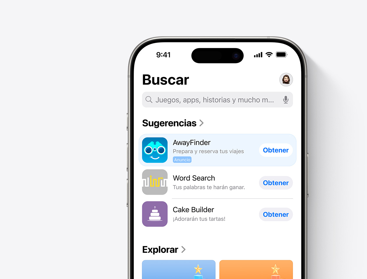  Un iPhone con el App Store abierto y un anuncio de la pestaña Buscar para la app de ejemplo, AwayFinder.