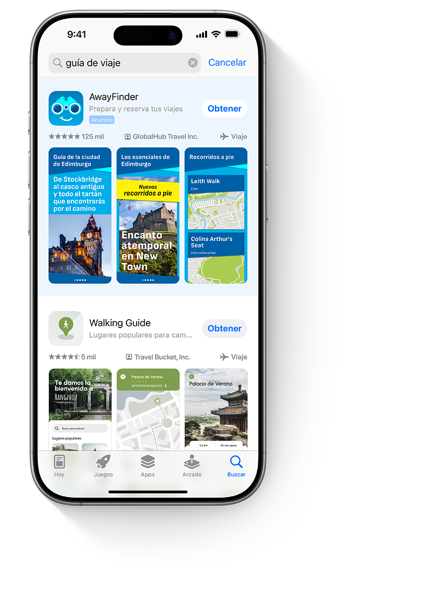 Cuatro iPhone, cada uno con un anuncio diferente de la app de ejemplo, AwayFinder. El primer iPhone muestra un anuncio en la pestaña Hoy, el segundo muestra un anuncio en la pestaña Buscar, el tercero muestra un anuncio en la parte superior de los resultados de búsqueda y el cuarto muestra un anuncio en la parte inferior de una página de producto.