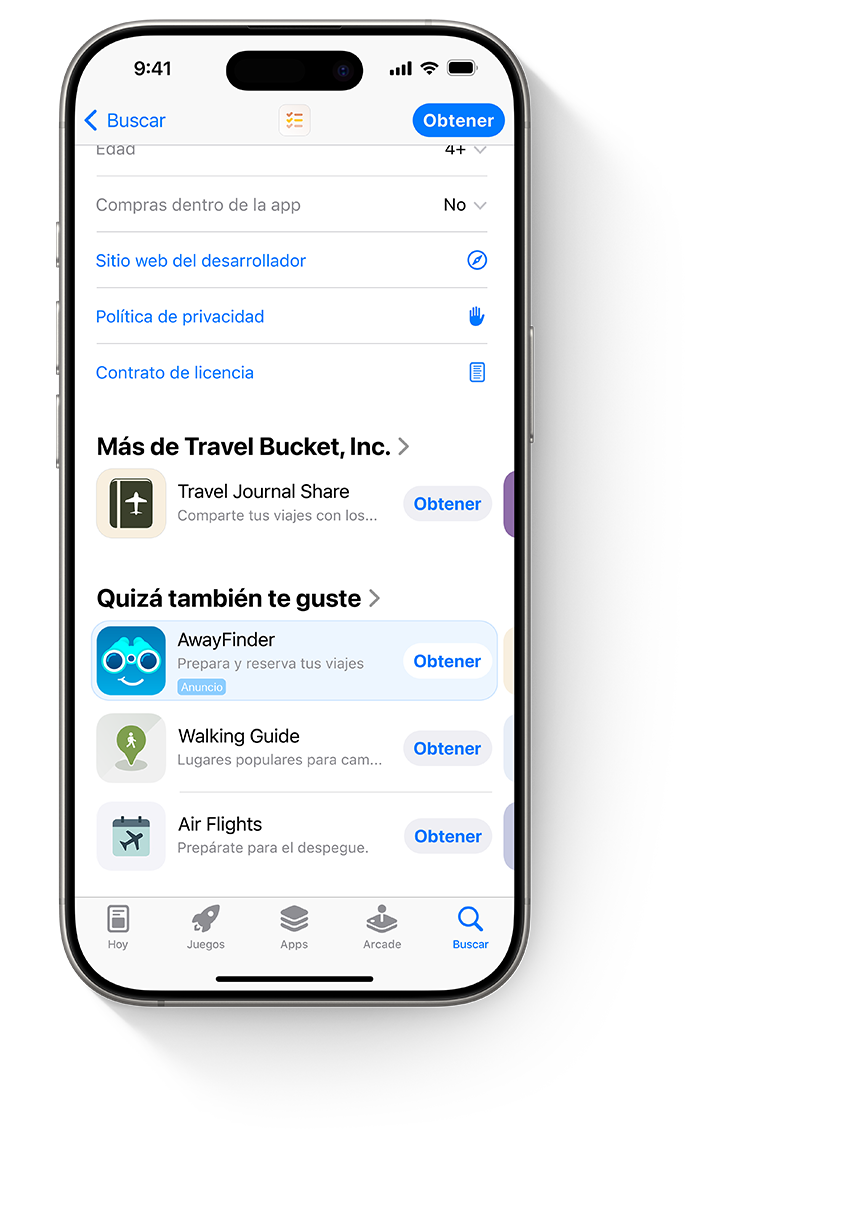Cuatro iPhone, cada uno con un anuncio diferente de la app de ejemplo, AwayFinder. El primer iPhone muestra un anuncio en la pestaña Hoy, el segundo muestra un anuncio en la pestaña Buscar, el tercero muestra un anuncio en la parte superior de los resultados de búsqueda y el cuarto muestra un anuncio en la parte inferior de una página de producto.