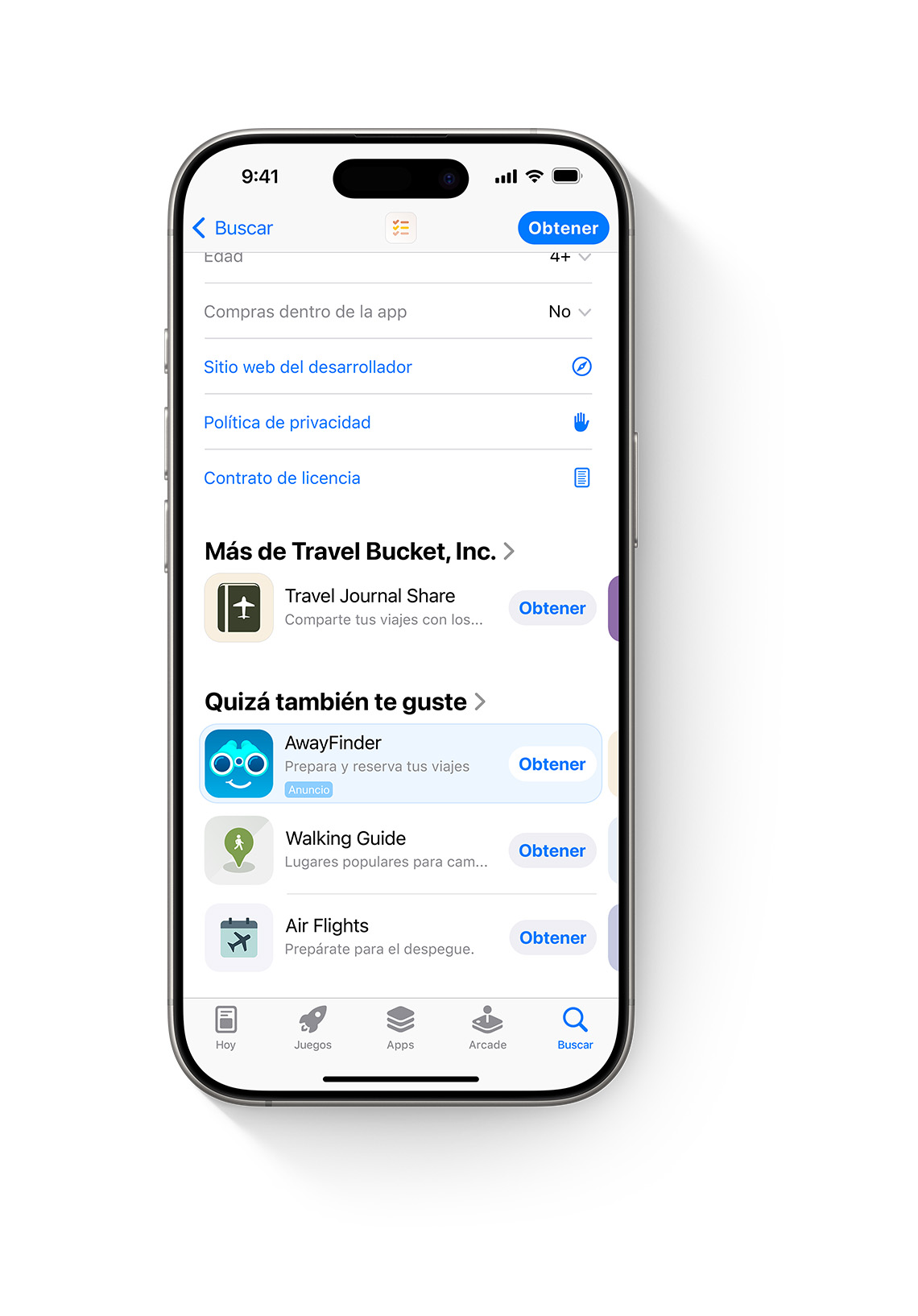 Un iPhone con el App Store abierto. Aparece un anuncio de la app de ejemplo AwayFinder en la parte inferior de una página de producto del App Store, donde los usuarios lo verían si se desplazaran hacia abajo en la página.