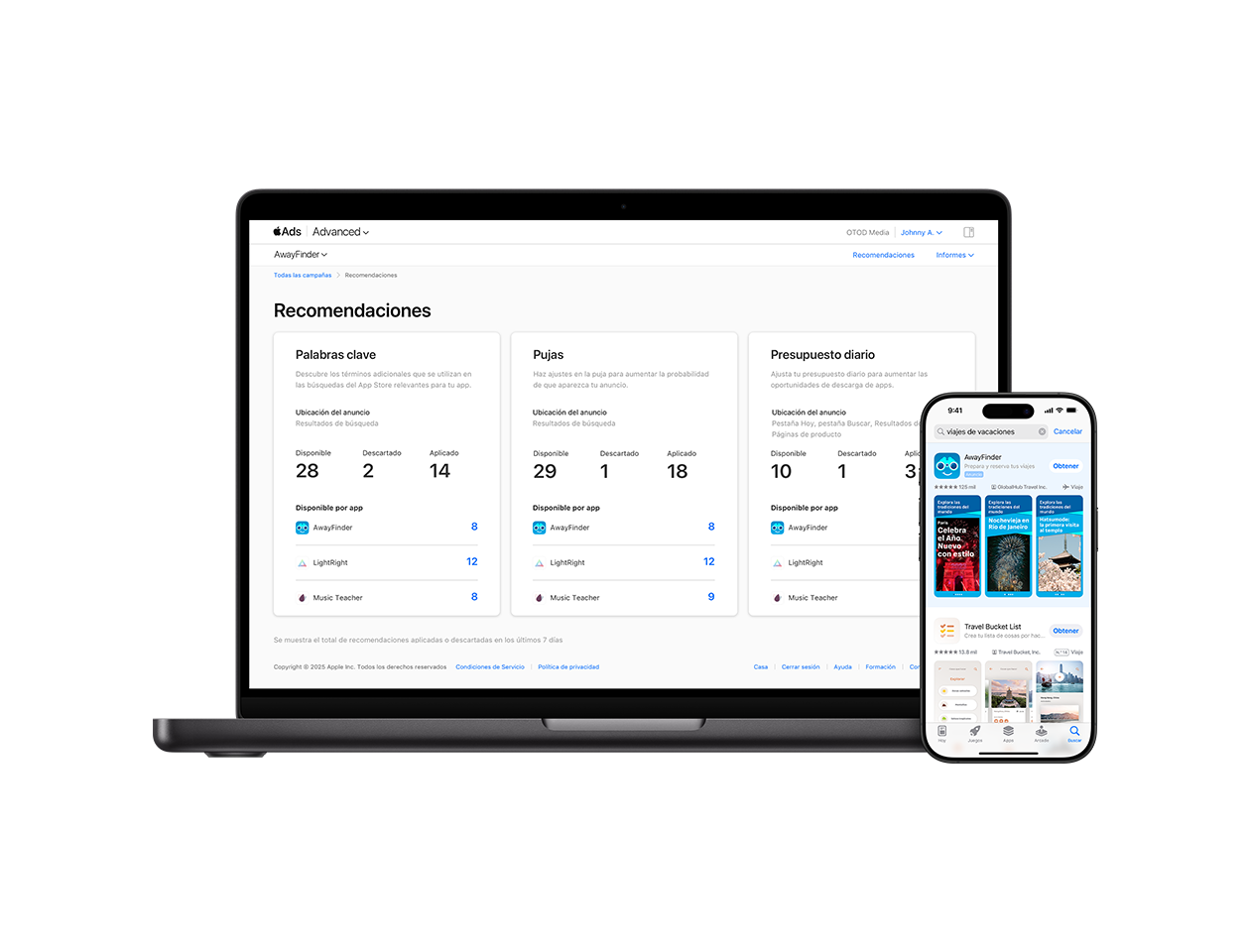  Un MacBook que muestra la página Recomendaciones de una cuenta de Apple Ads. Junto a él hay un iPhone que muestra un anuncio de la app de viajes de ejemplo, AwayFinder, en la parte superior de los resultados de búsqueda del App Store.