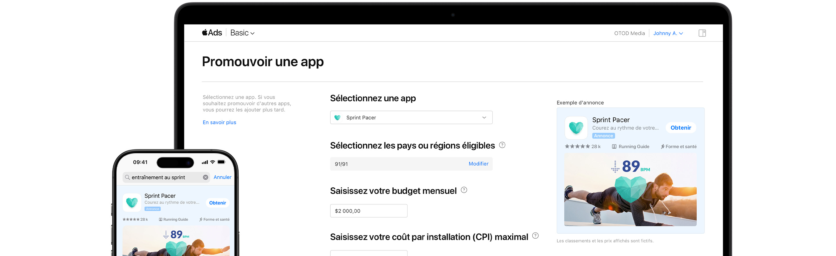 Un écran de MacBook affiche la page Promouvoir une app pour Apple Ads Basic. L’app fictive Sprint Pacer a été sélectionnée. Un iPhone à côté du MacBook présente une annonce de Sprint Pacer dans les résultats de recherche de l’App Store. 