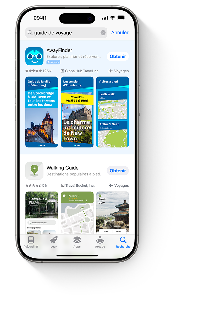 Quatre iPhone, chacun présentant une annonce différente pour l’app fictive AwayFinder. Le premier iPhone affiche une annonce dans l’onglet Aujourd’hui, le deuxième dans l’onglet Rechercher, le troisième en haut des résultats de recherche et le quatrième en bas d’une page produit.