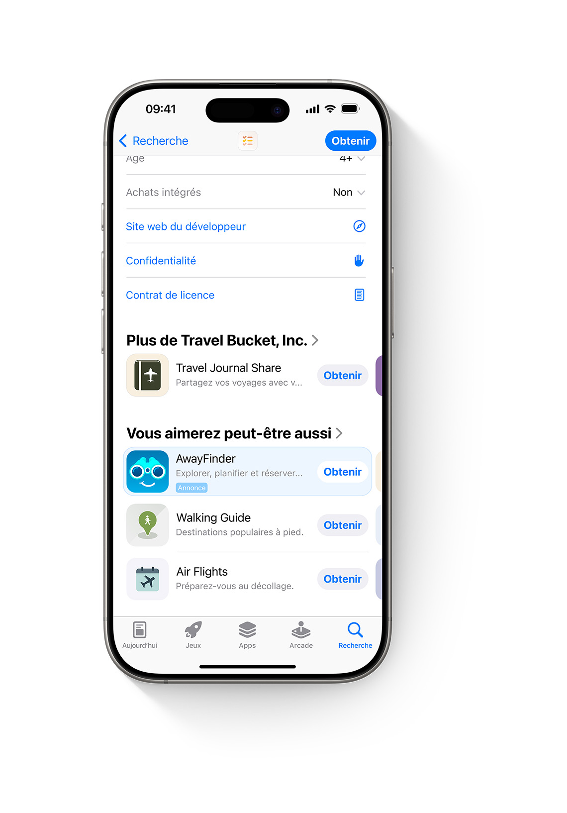 Un iPhone avec l’App Store ouvert. Une annonce de l’app fictive AwayFinder apparaît en bas d’une page produit de l’App Store. On peut la voir en faisant défiler la page vers le bas.