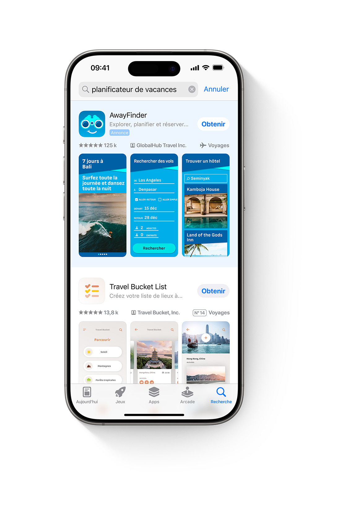 Un iPhone avec l’App Store ouvert. Les termes recherchés « planificateur de vacances » sont saisis dans le champ de recherche et une annonce de l’app fictive AwayFinder apparaît en haut des résultats de recherche.