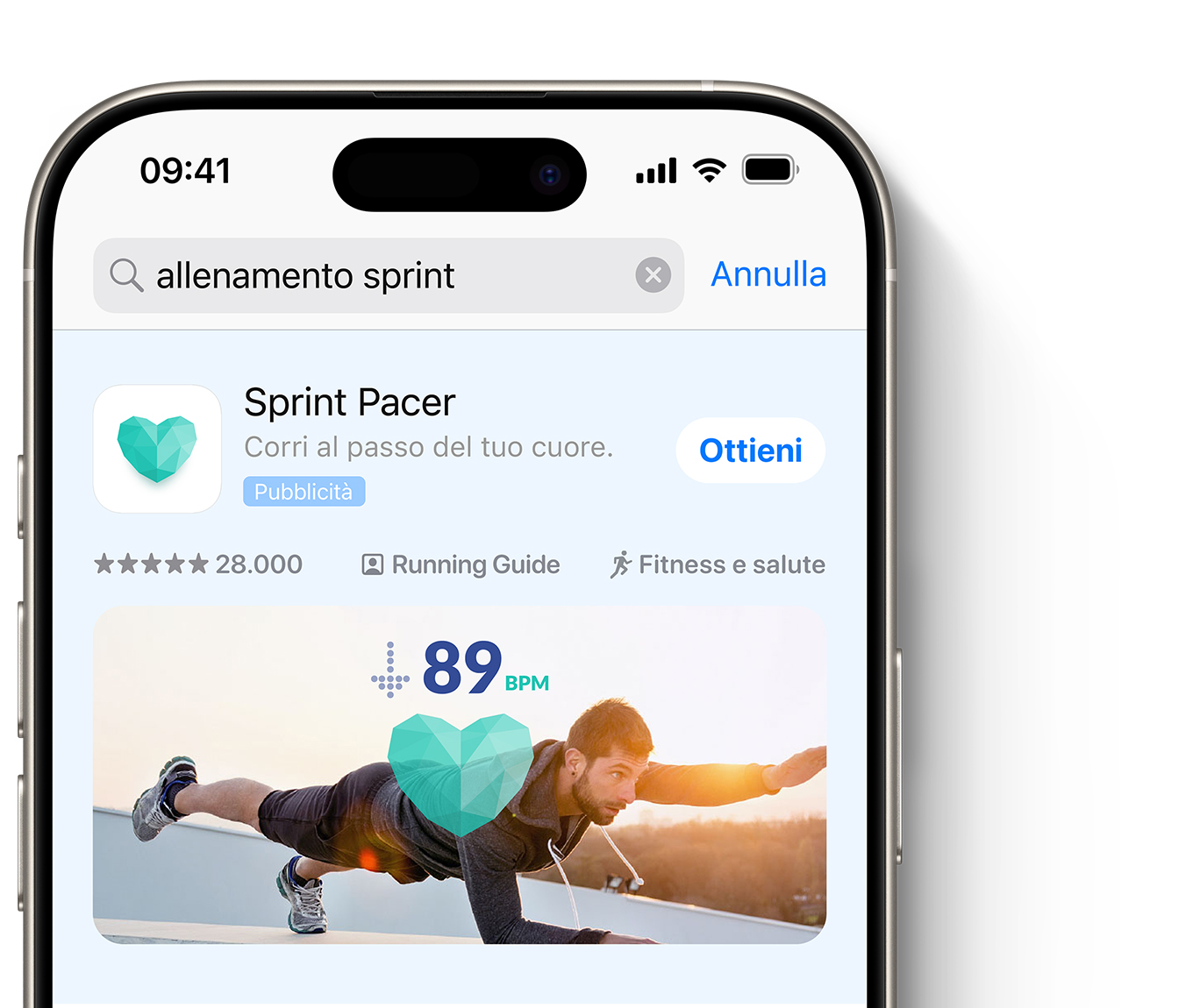 Annuncio per l’app Sprint Pacer visualizzato in cima ai risultati di ricerca dell’App Store.