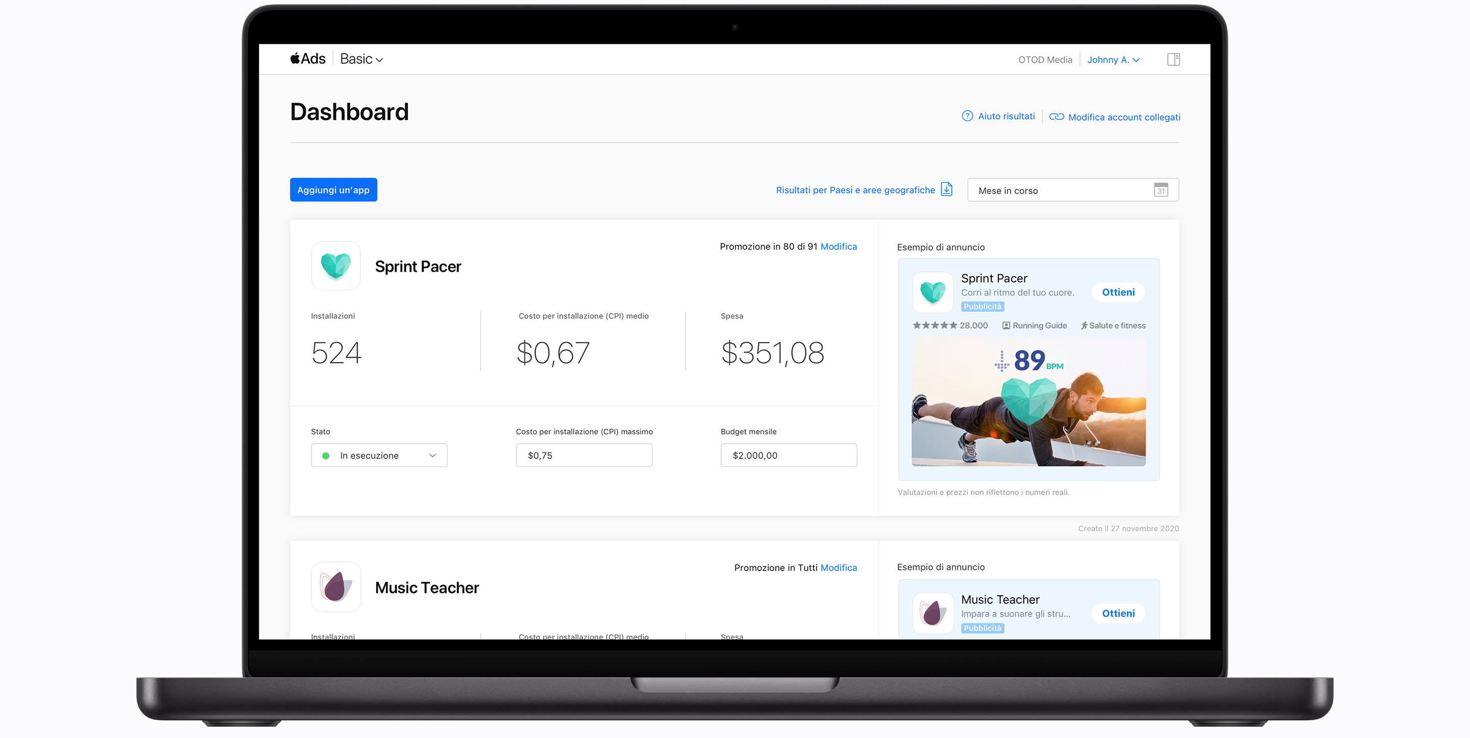 Dashboard di Apple Ads Basic che mostra i report per due app: Sprint Pacer e Music Teacher. Ogni app è visualizzata in un modulo e mostra il numero di installazioni, il CPI medio, la spesa totale, lo stato dell’annuncio, il CPI massimo, il budget mensile e un’anteprima dell’annuncio.