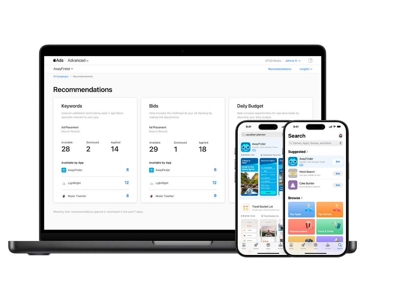 A MacBook and two iPhones. The MacBook shows the Apple Ads Advanced Recommendations page, with recommendation totals for keywords, bids, and daily budget. One iPhone shows an ad for example app, Music Teacher, in search results. The second iPhone shows an ad for Music Teacher on the Search tab.