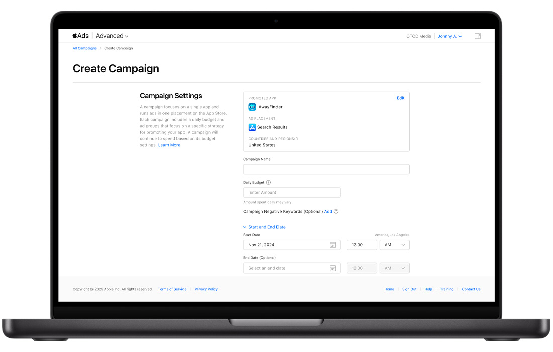 The Create Campaign page in Apple Ads showing Campaign Settings. Toward the bottom of the screen, below empty fields for Campaign Name and Daily Budget, a blue link labeled Start and End Date has been opened to reveal Start Date and Time fields and optional End Date and Time fields.