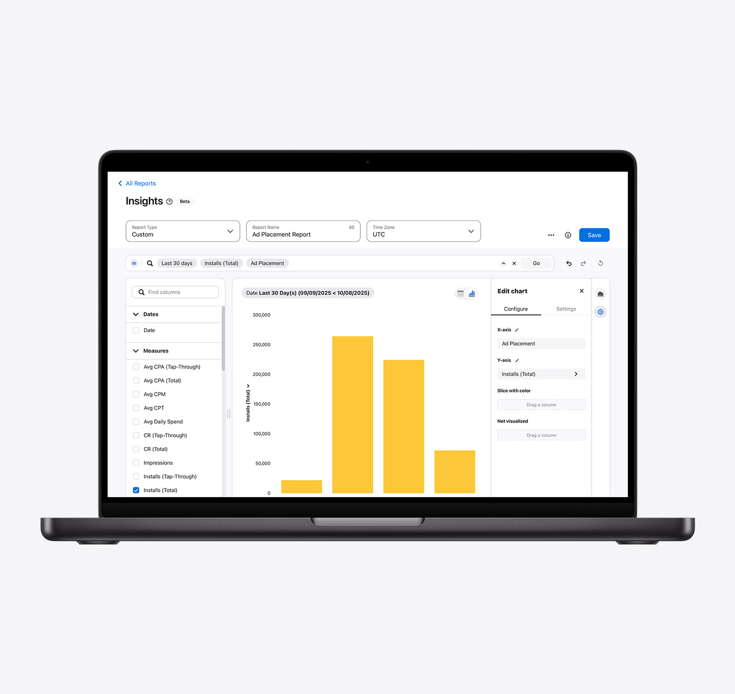 A bar graph report created with Insights in Apple Ads. The graph measures installs across product page, search results, Search tab, and Today tab ad placements.