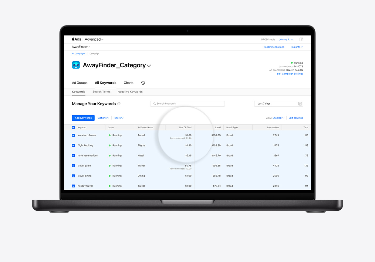 The All Keywords dashboard is open for the example app, AwayFinder. In the Max CPT Bid column, a bid is selected to be edited. Below the current bid amount, a recommended bid amount appears.