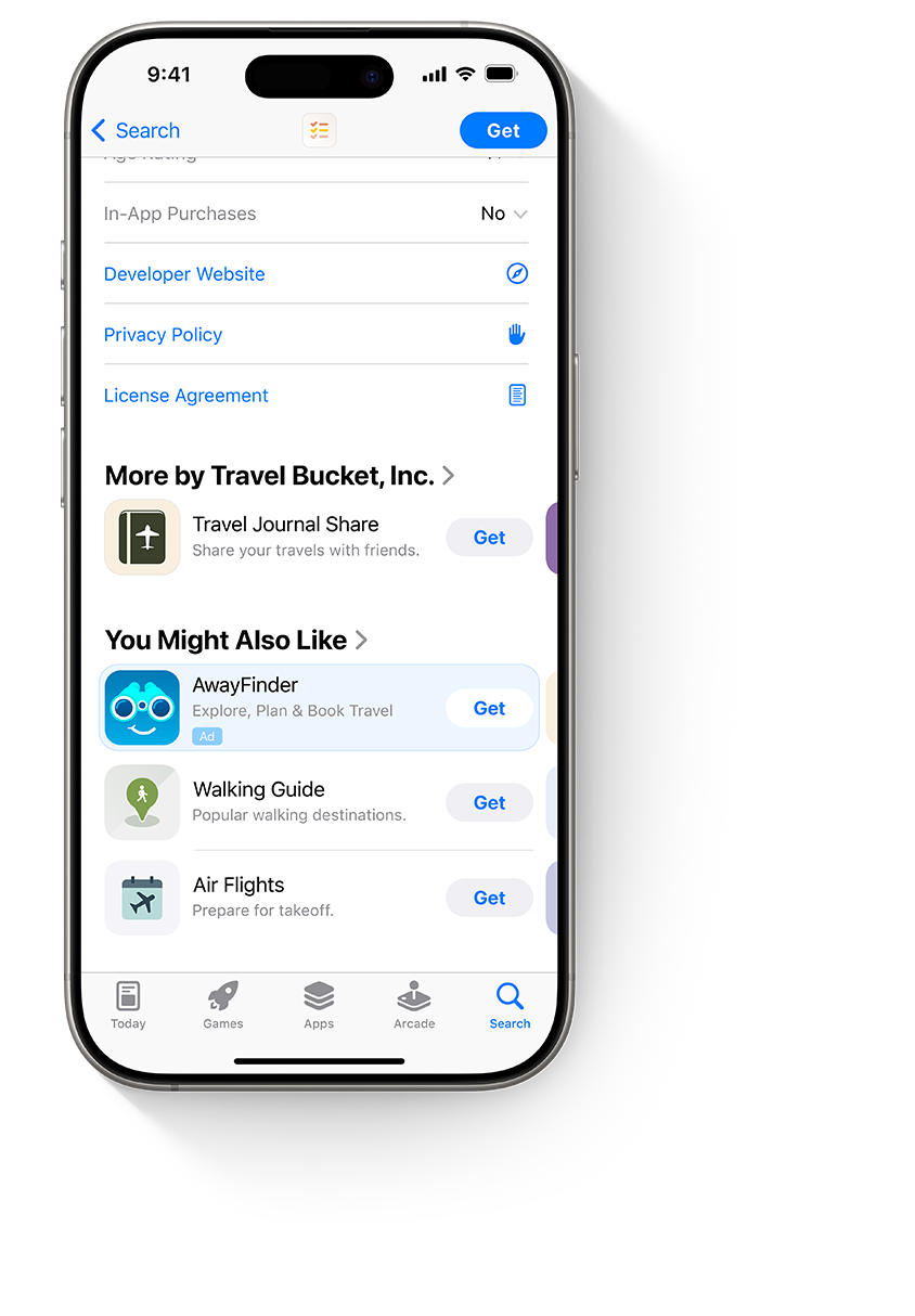 Four iPhones, each with a different ad for the example app, AwayFinder. The first iPhone shows an ad on the Today tab, the second shows an ad on the Search tab, the third shows an ad at the top of search results, and the fourth shows an ad at the bottom of a product page.