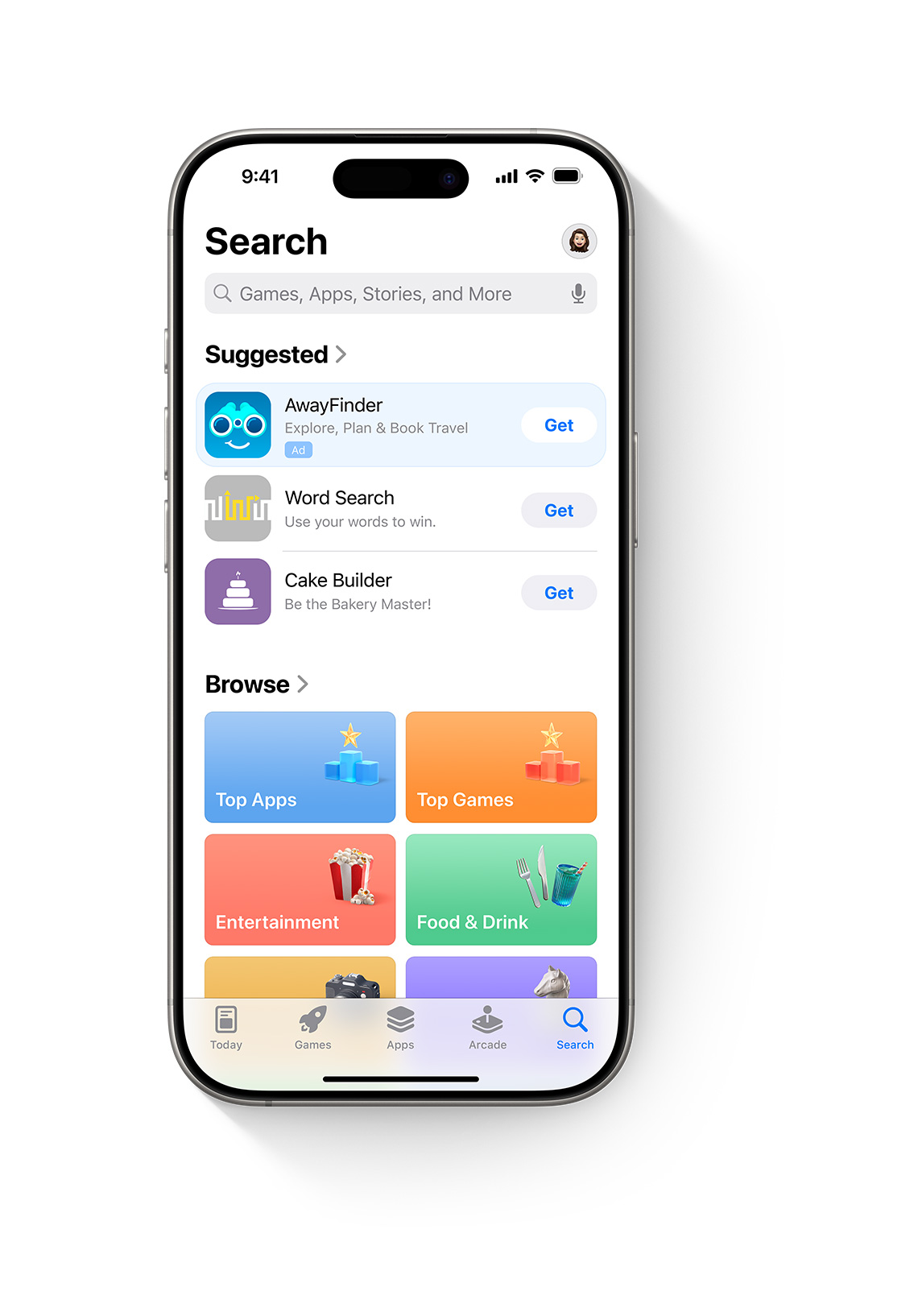 An iPhone with the App Store open and an ad for the example app, AwayFinder, appearing on the Search tab at the top of the Suggested apps list.