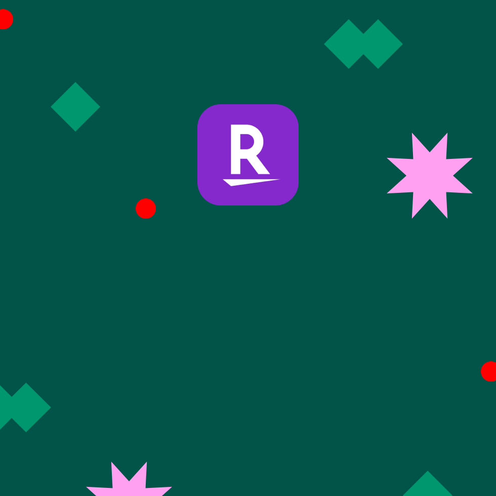  The Rakuten app icon appears against a green background with pink, red, and light green shapes scattered around it.
