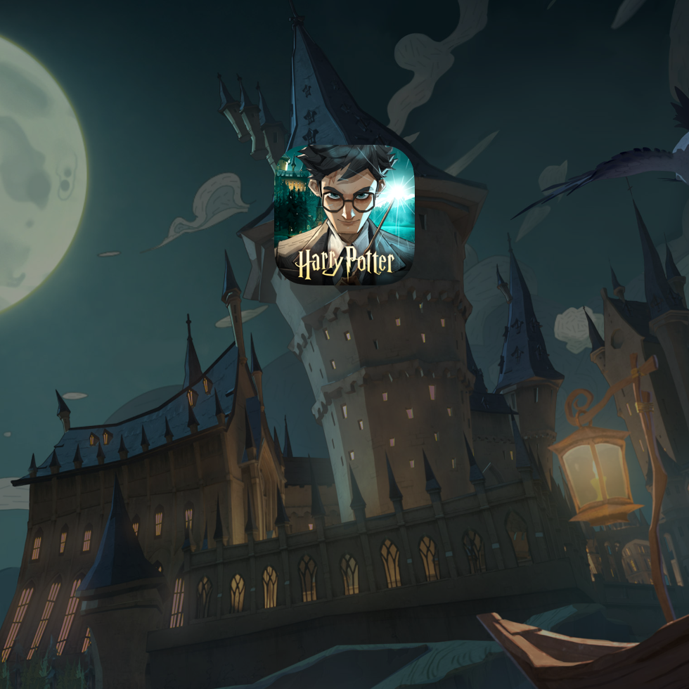 The Harry Potter: Magic Awakened app icon appears over an illustration of Hogwarts at night.