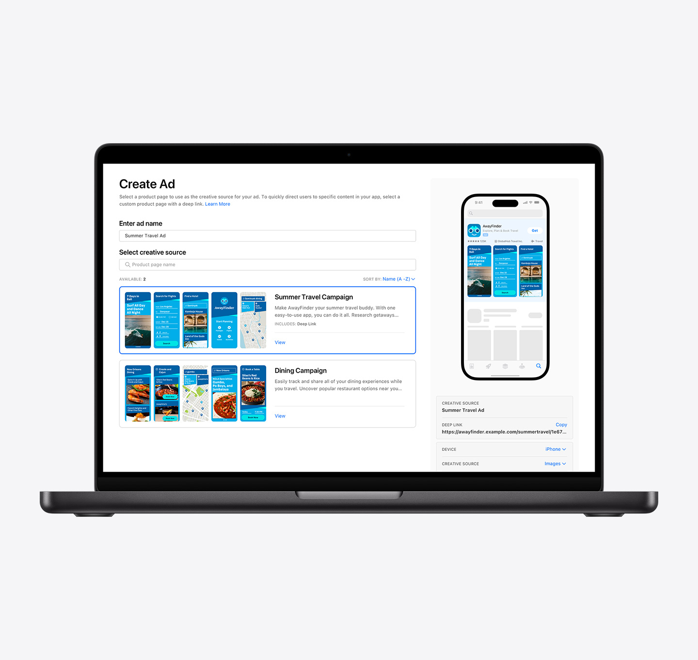 A MacBook is open to the Create Ad page for a search results ad variation in Apple Ads. It shows two available custom product pages. The title of the ad variation that’s being created is Summer Travel Ad and a Summer Travel Campaign custom product page is selected. To the right, an iPhone displays a preview of the ad.