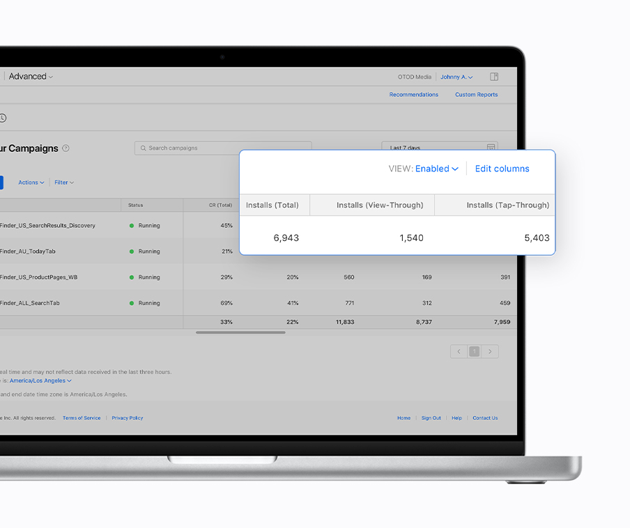 The Campaigns dashboard in Apple Ads Advanced with the new metrics columns, Installs (View-Through), Installs (Tap-Through), and Installs (Total) magnified.