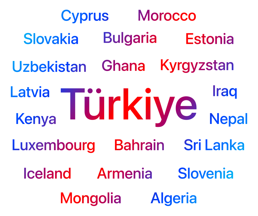 A list of countries and regions where Apple Ads is now available. This includes: Türkiye, Armenia, Algeria, Bahrain, Bulgaria, Cyprus, Estonia, Ghana, Iceland, Iraq, Kenya, Kyrgyzstan, Latvia, Luxembourg, Mongolia, Morocco, Nepal, Slovakia, Slovenia, Sri Lanka, Uzbekistan.