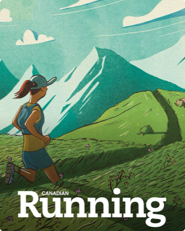 The cover of Canadian Running featuring an illustration of a person trail running in the mountains.