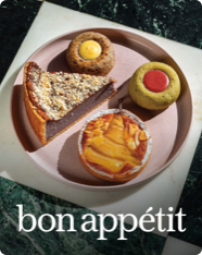 The cover of Bon Appétit featuring an image of colorful pastries on a plate.