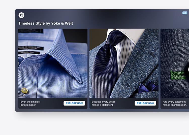 A carousel ad for an example luxury company called Yoke & Welt. The ad features multiple cards with images of different pieces of clothing being hand-tailored.
