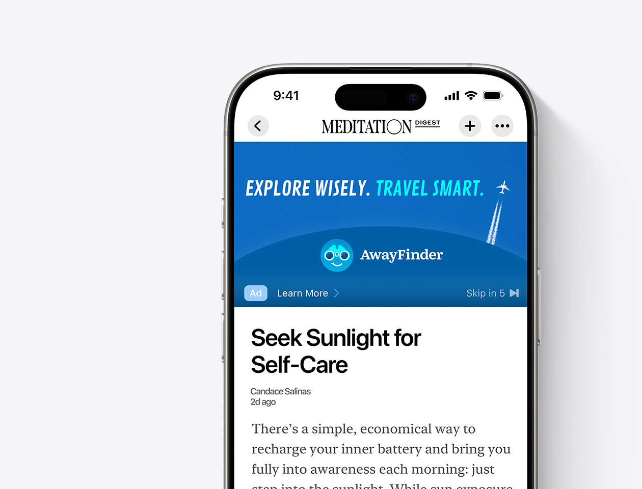 An iPhone showing an ad for the example travel company, AwayFinder, within a Meditation Digest article on Apple News..