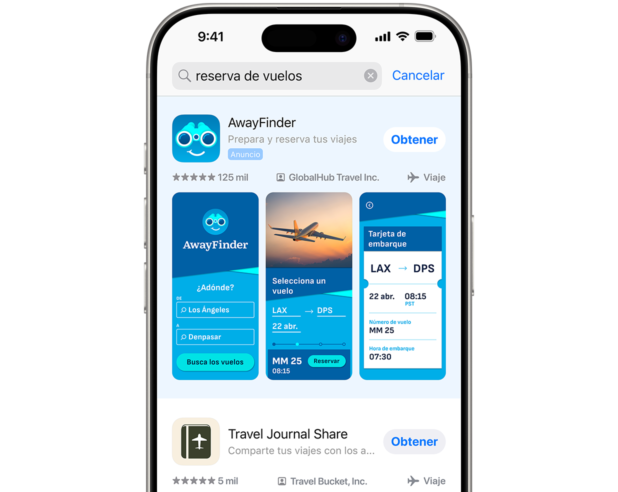 Un iPhone con el App Store abierto. El término de búsqueda «reservas de vuelos» se ha escrito en el cuadro de búsqueda y aparece un anuncio de la app de ejemplo, AwayFinder, en la parte superior de los resultados de búsqueda.