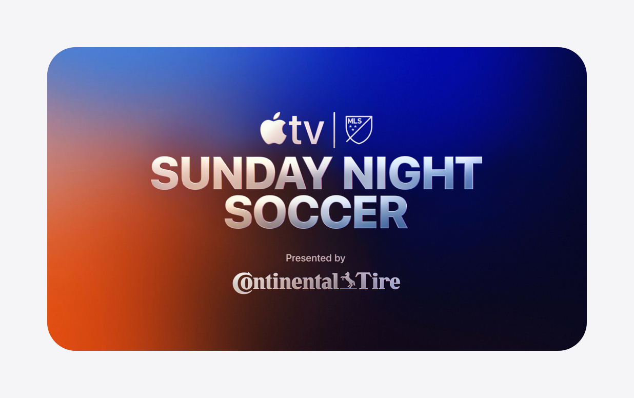 Offizielle Programmgestaltung des MLS Season Pass Sunday Night Soccer mit blauem und orangefarbenem Farbverlauf und Sponsoring durch Continental Tire.