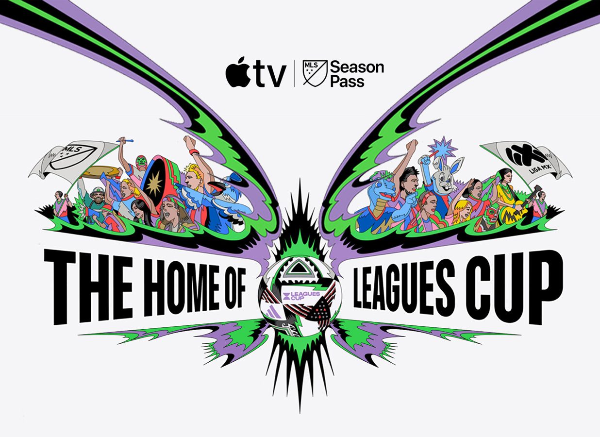 Original-Artwork vom MLS Season Pass auf Apple TV mit der Aufschrift „The Home of Leagues Cup“.